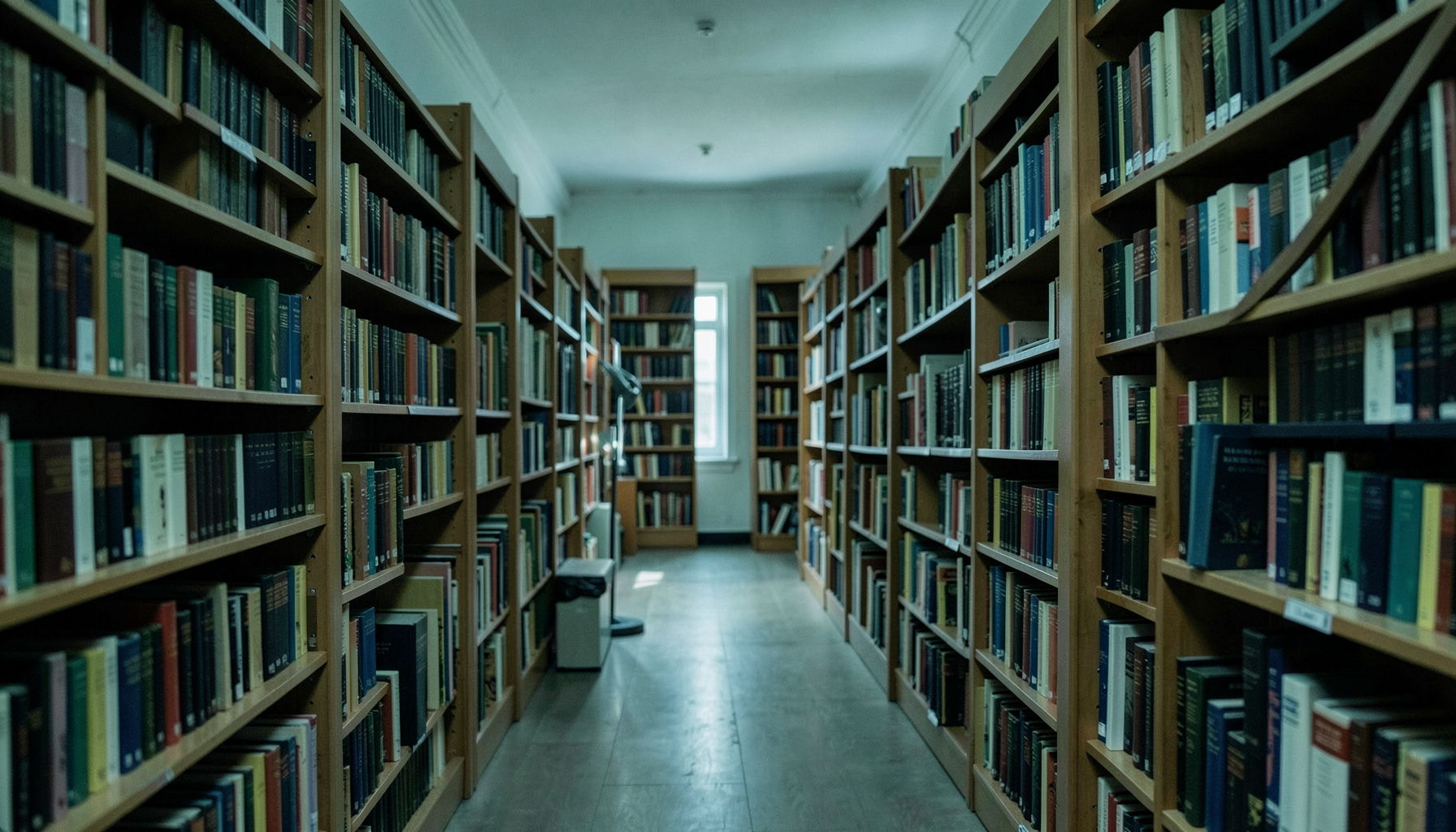 Спокійна бібліотечна атмосфера з рядами книжкових полиць у приглушеному зеленувато-сірому освітленні, академічний настрій